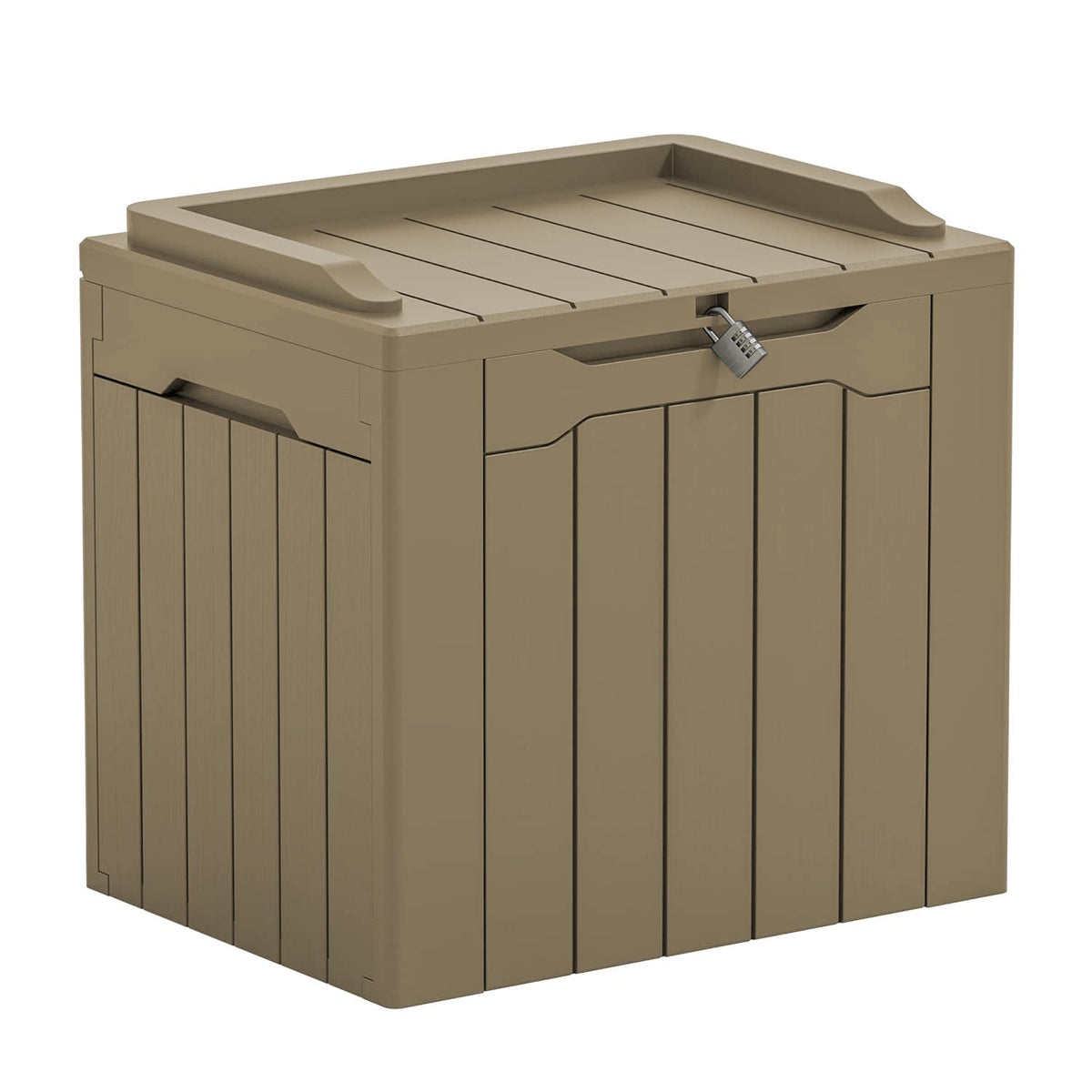 Greesum 31-gallon outdoor storage box with lid keeps patio items dry and organized.