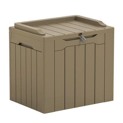 Greesum 31-gallon outdoor storage box with lid keeps patio items dry and organized.