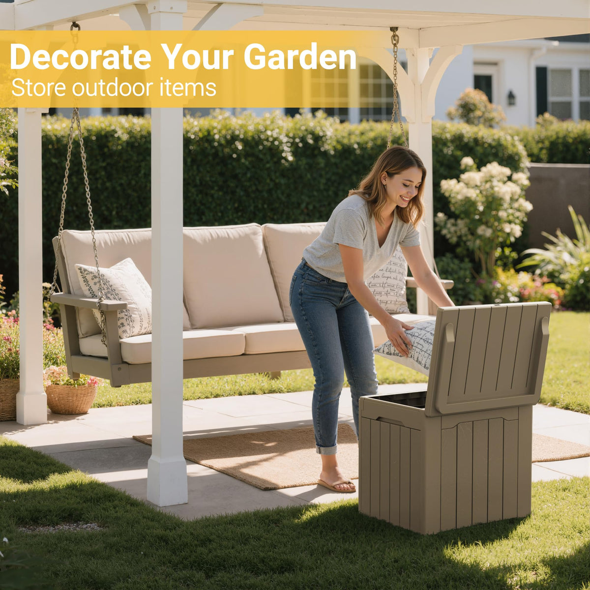 Greesum outdoor deck box with open lid for easy access to stored tools.