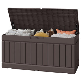 Greesum 82-gallon outdoor storage box with lid for patio organization.