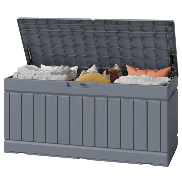 Greesum 82-gallon outdoor storage box full view for backyard organization.