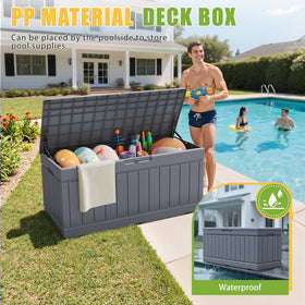 Greesum outdoor storage box with lid open for quick access to tools.