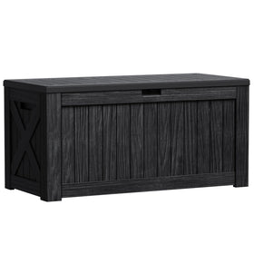 Greesum outdoor storage box with wood-textured resin and lockable lid keeps patio items secure.