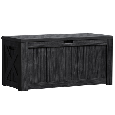 Greesum outdoor storage box with wood-textured resin and lockable lid keeps patio items secure.