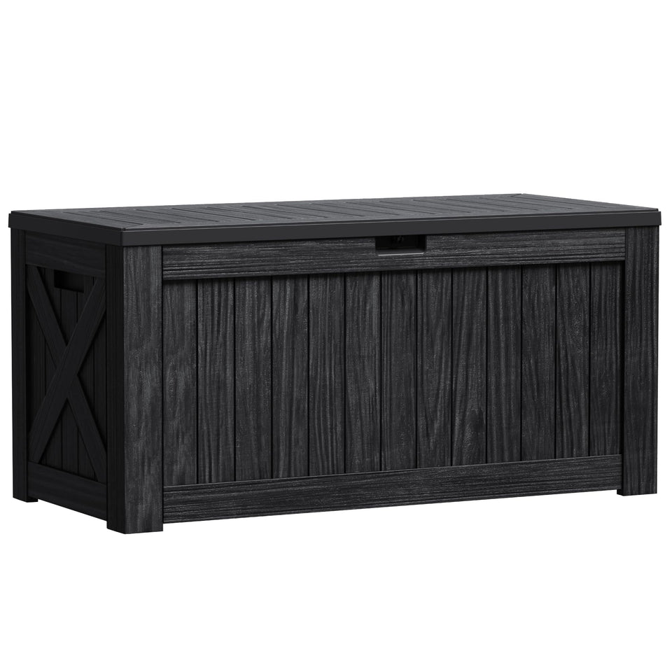 Greesum outdoor storage box with wood-textured resin and lockable lid keeps patio items secure.