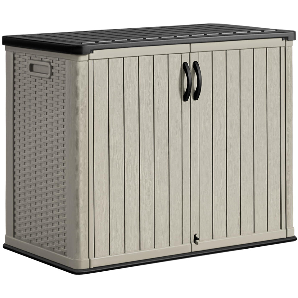 Greesum Outdoor Storage Shed front view showing 27 cu ft capacity for garden tools