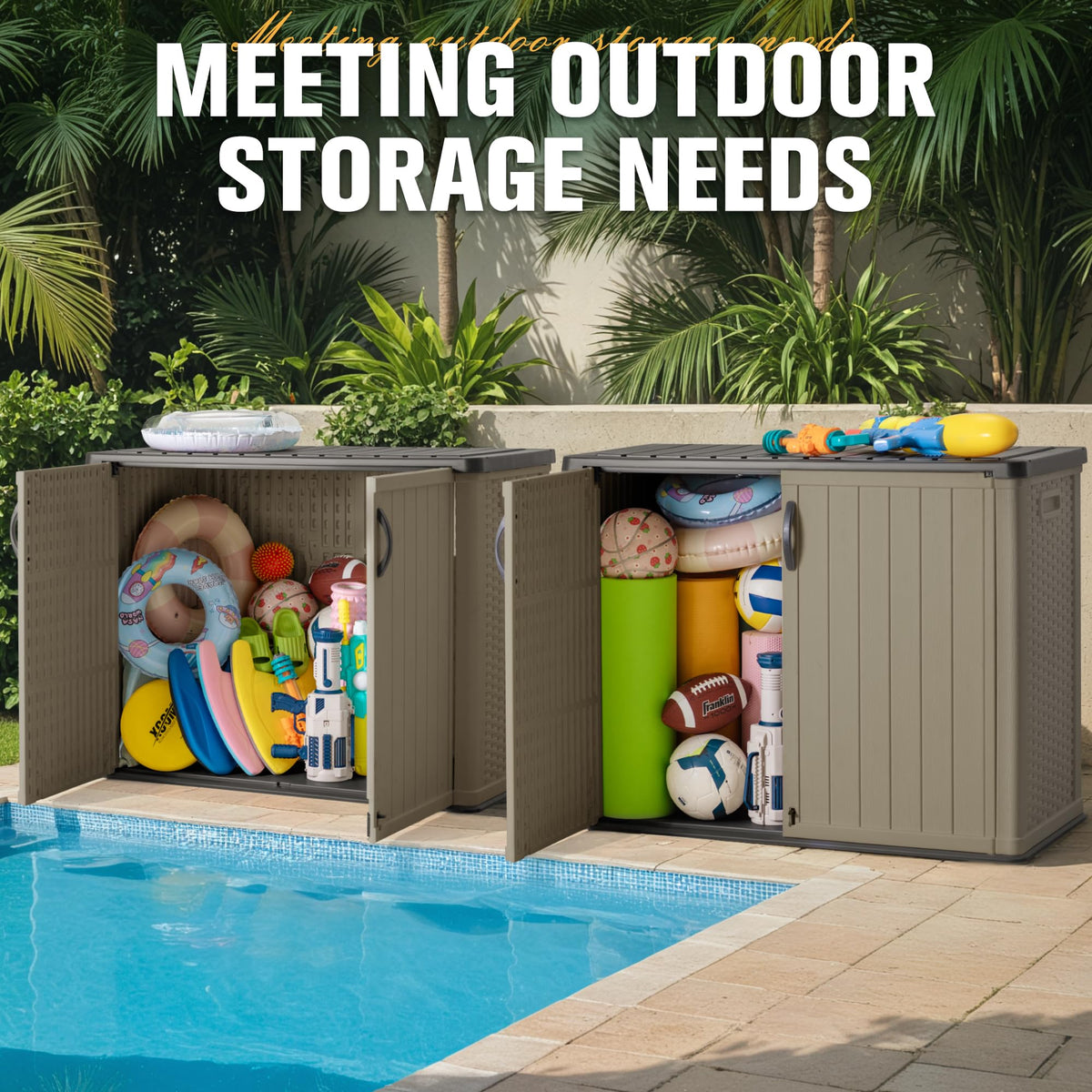 Greesum storage shed in garden illustrating versatile storage for pool gear
