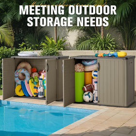 Greesum storage shed in garden illustrating versatile storage for pool gear