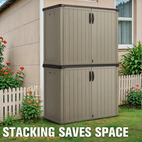 Greesum storage shed right side demonstrating durable resin construction against weather