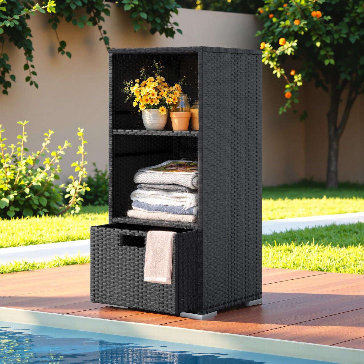 Greesum outdoor towel rack cabinet showcasing dual storage for deck essentials