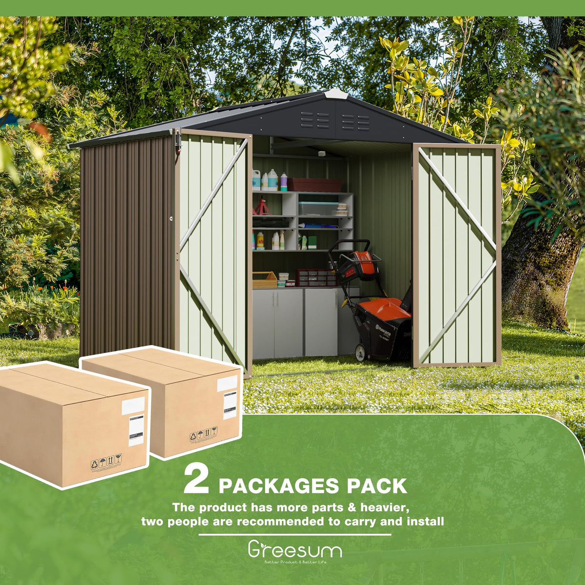 Greesum packaging shows two-box delivery for large shed.