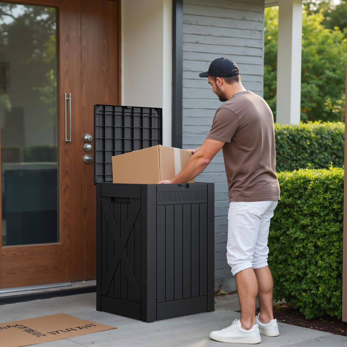Greesum porch setup showing practical storage on a typical entryway.