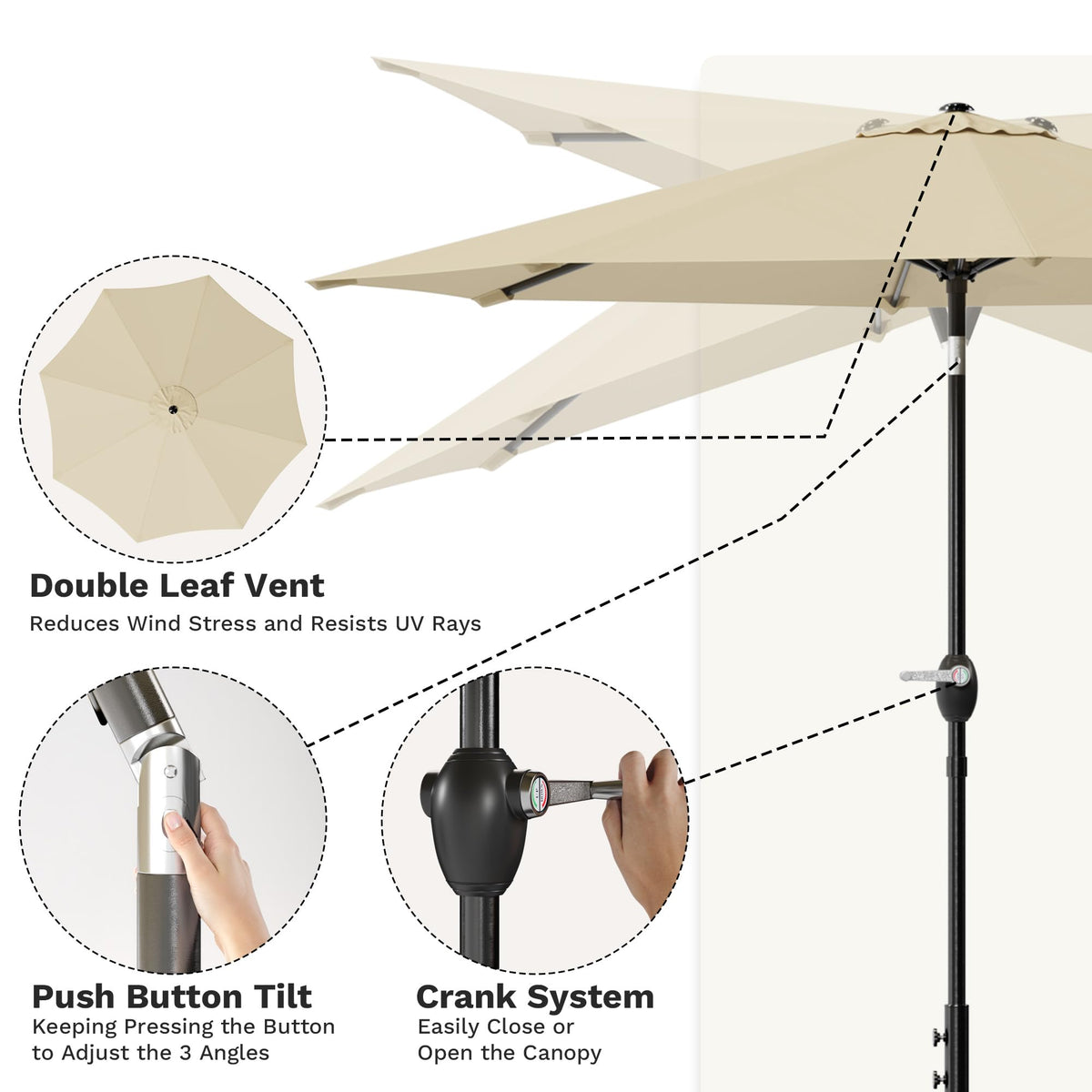 Greesum push-button tilt and crank for easy sun coverage adjustments.