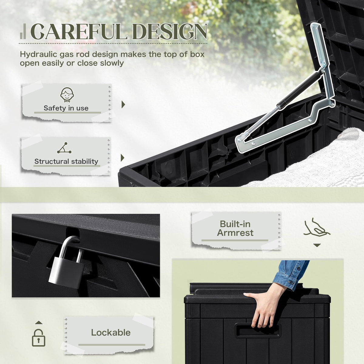 Greesum resin deck box is waterproof and UV resistant for weather exposure.