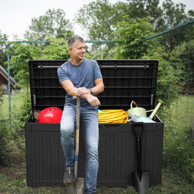 Greesum resin deck box on patio, weatherproof outdoor storage solution