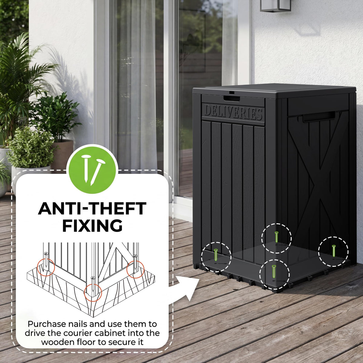 Greesum locked outdoor storage deters theft and protects tools.