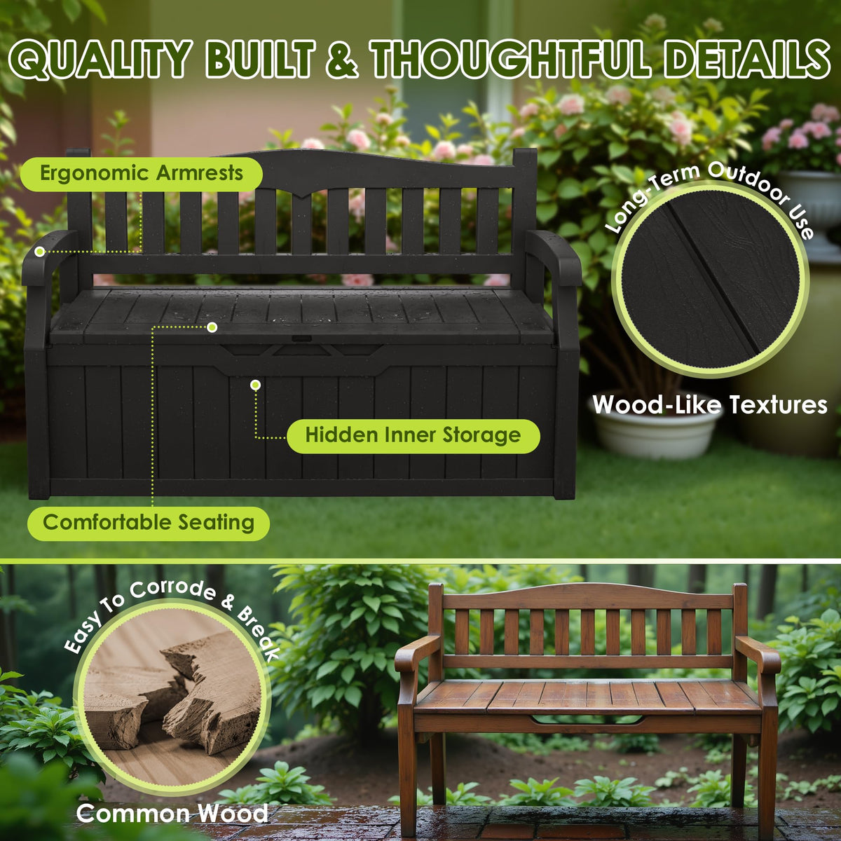 Greesum weather-resistant resin keeps items dry and ready for backyard use