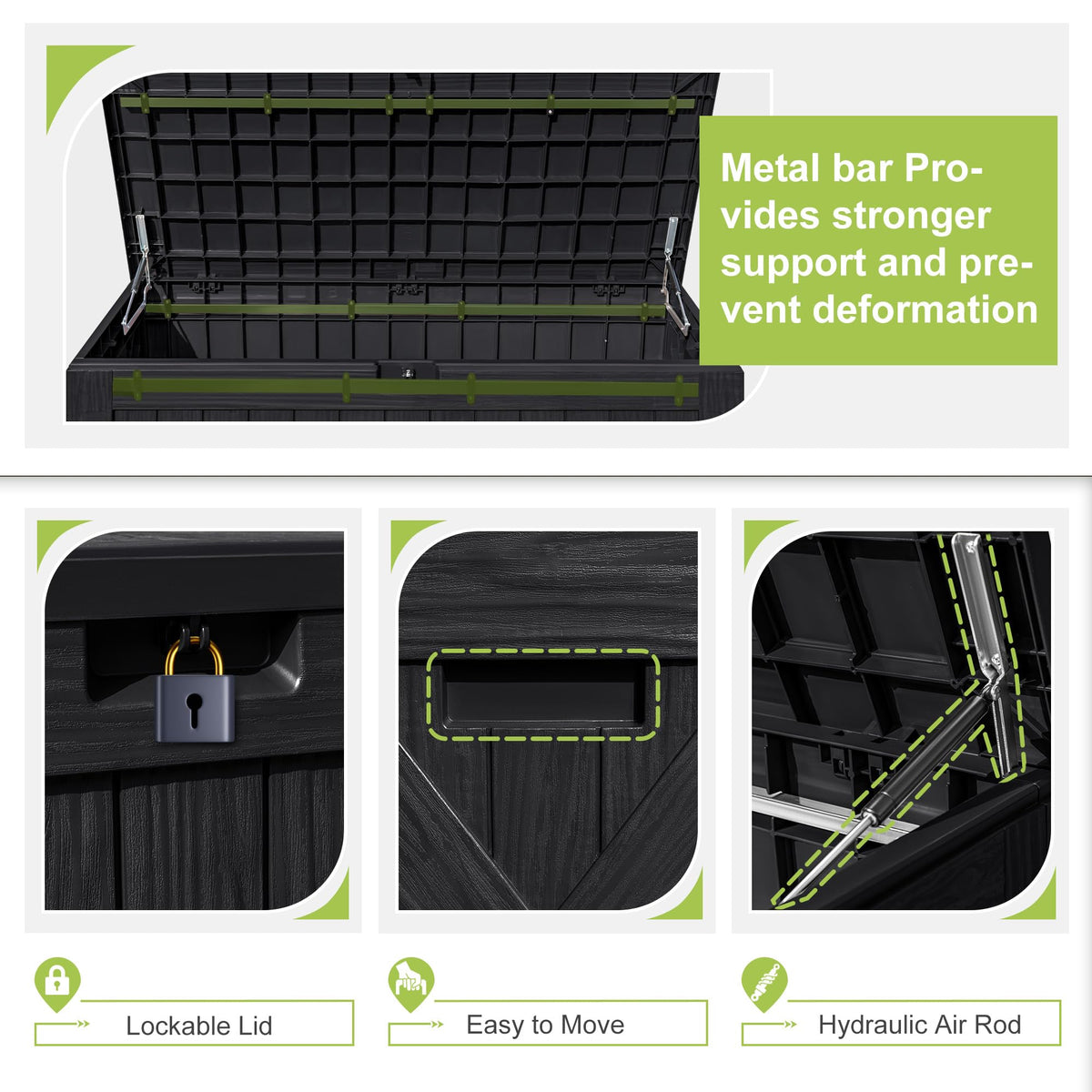 Greesum black resin deck box outdoors, weatherproof design.