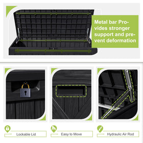 Greesum black resin deck box outdoors, weatherproof design.