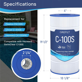 Grefilt C100S filter cartridge showing 19.5-inch length for proper fit.