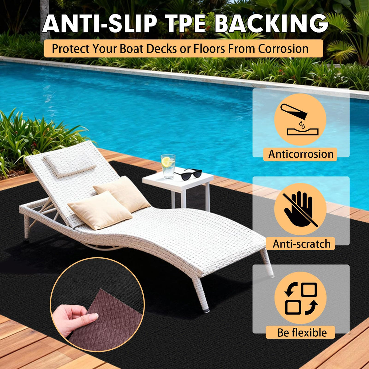 Grefinity Marine Carpet waterproof backing protects surfaces and cleans easily