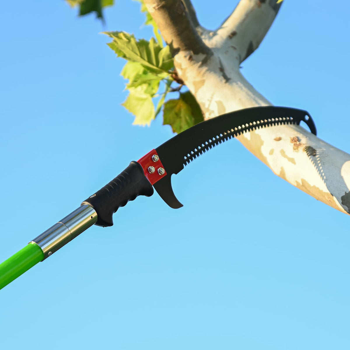 Grefinity threaded-pole locking keeps extension secure during pruning tasks.