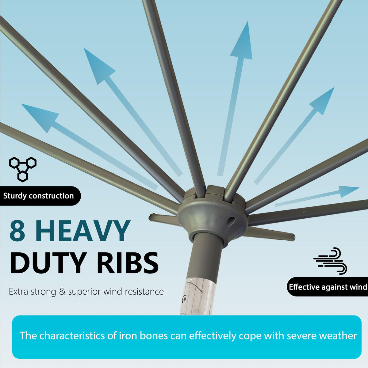 GREFORG 9FT umbrella 8-ribs frame delivers sturdy support in breezy days.