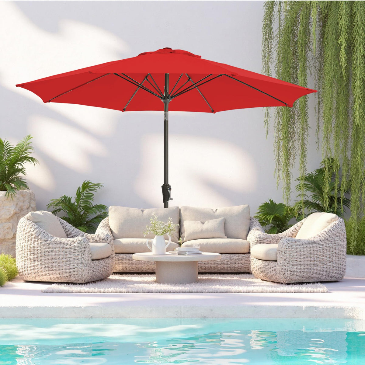 GREFORG 9FT umbrella crank tilt enables easy sun tracking and adjustable shade.