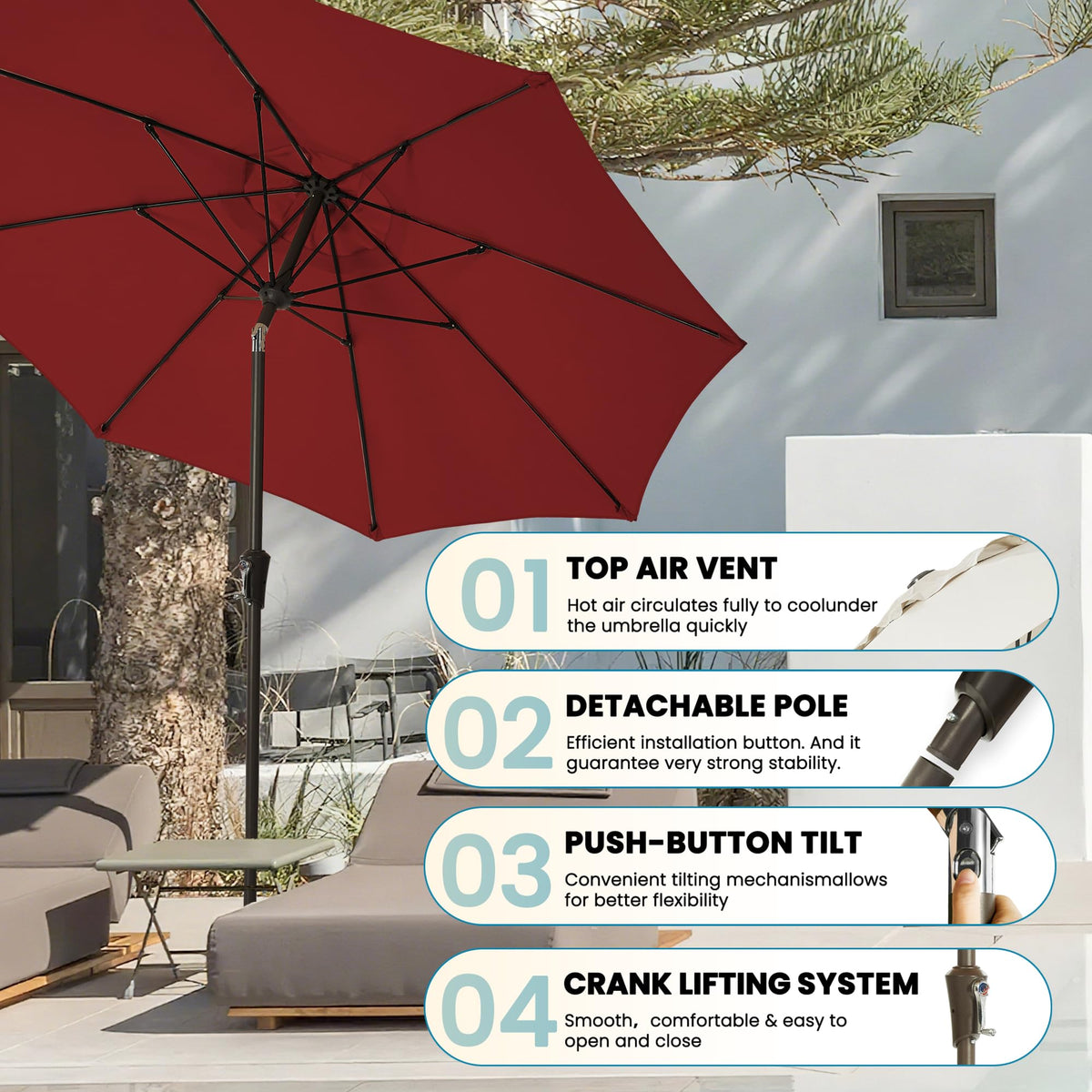 GREFORG 9FT umbrella on a deck creates comfortable outdoor dining shade.