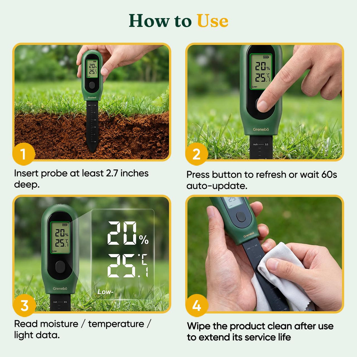 Grenebo 3-in-1 meter probe in soil for accurate moisture