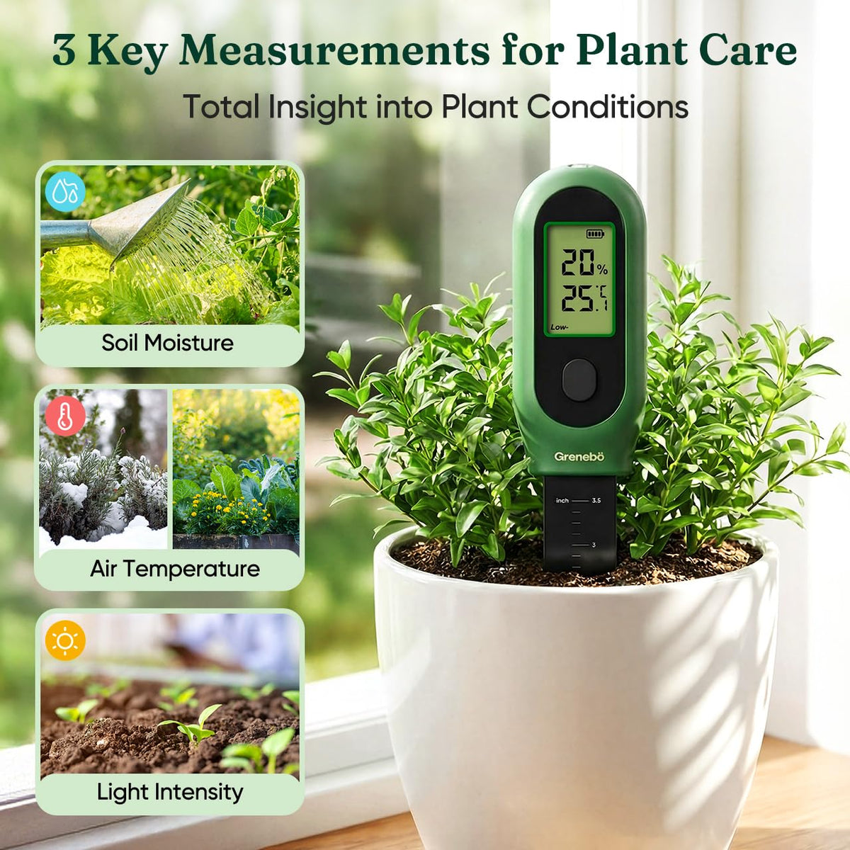 Grenebo 3-in-1 meter sunlight intensity sensor guides plant light needs