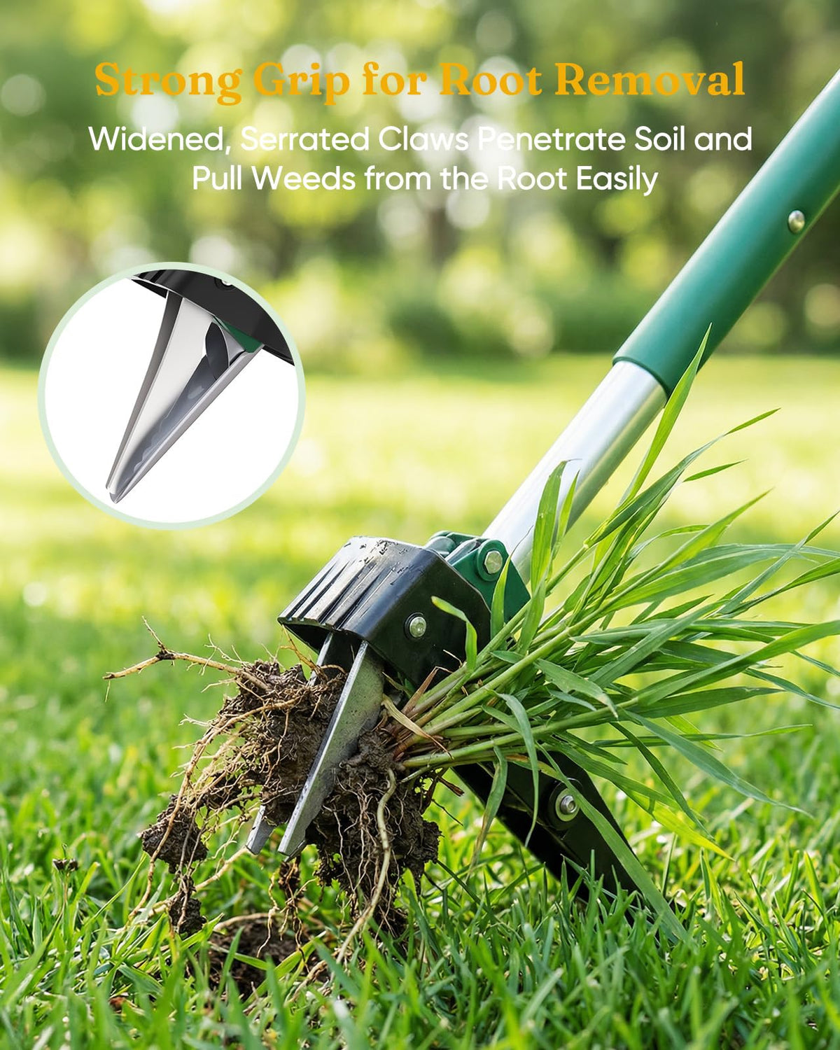 Grenebo eject mechanism helps clean removal of weeds with minimal effort.