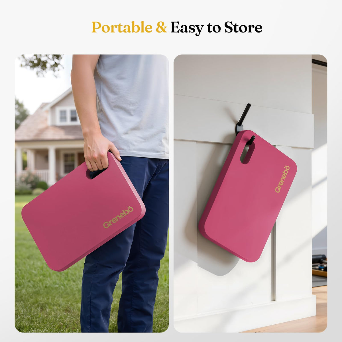Grenebo compact kneeling pad with portable handle for easy transport.