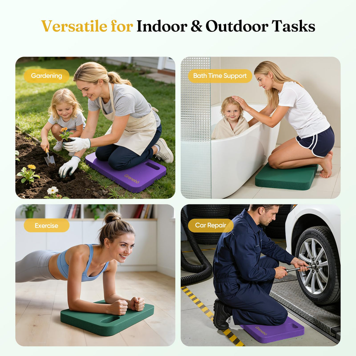Grenebo portable kneeling pad with handle for easy transport between home and yard.