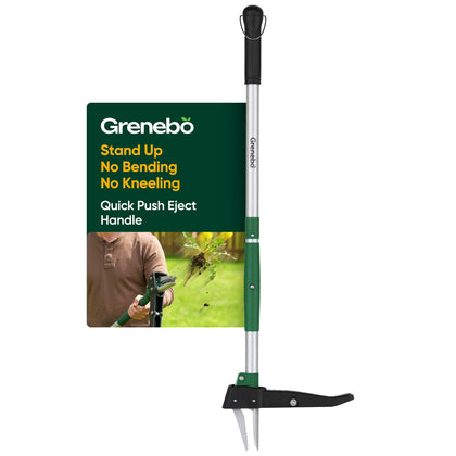 Grenebo stand up weed puller with eject mechanism for easy, back-friendly weeding.