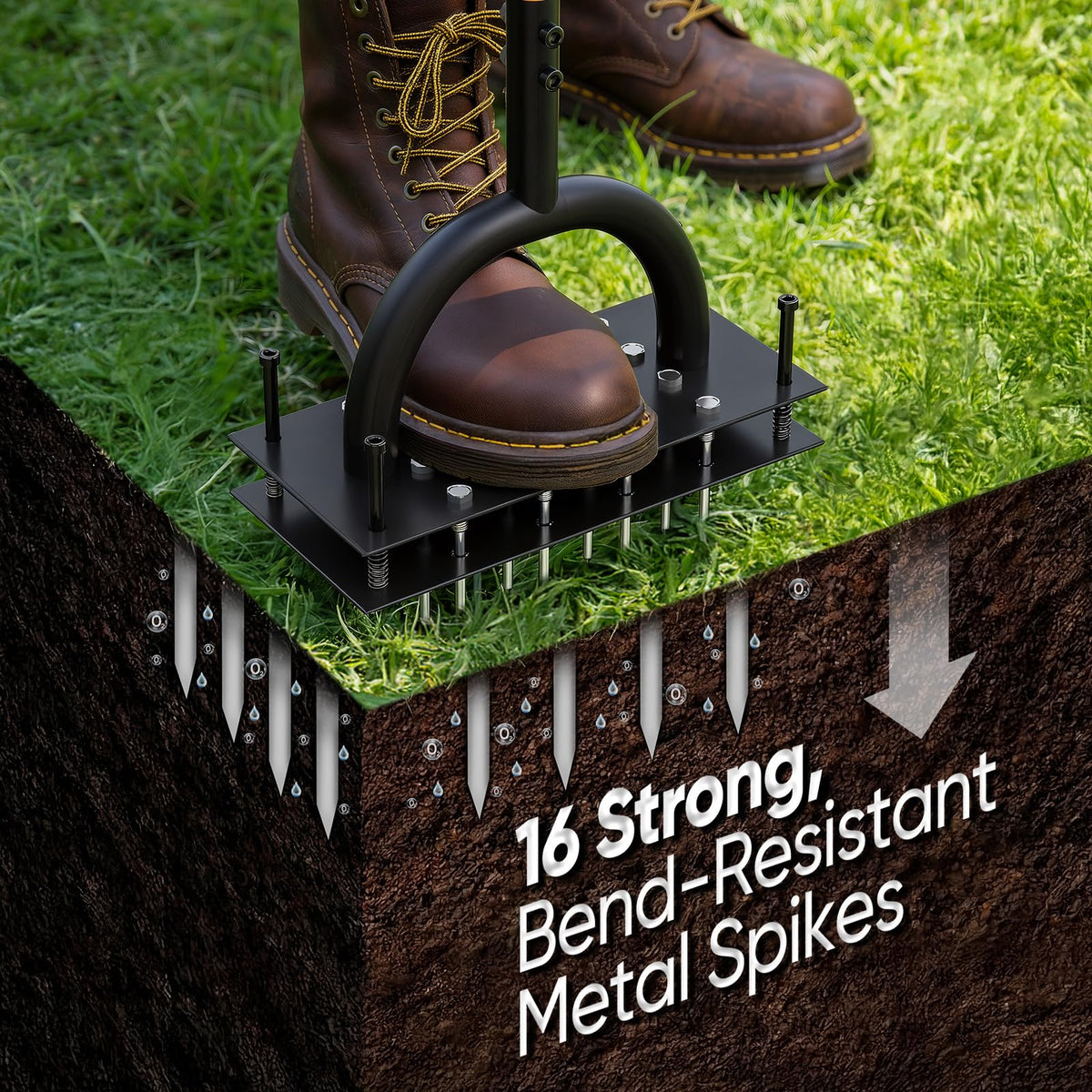 Grenebo yard aerator showing 4x4 spike layout for even holes.