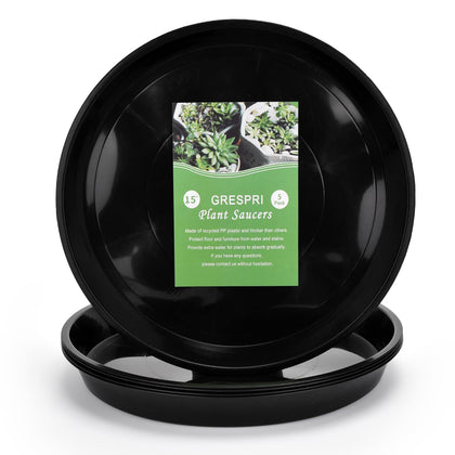 GRESPRI 15in glossy black plant saucer stabilizes large pots and protects surfaces.