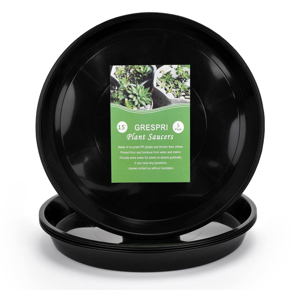 GRESPRI 15in glossy black plant saucer stabilizes large pots and protects surfaces.