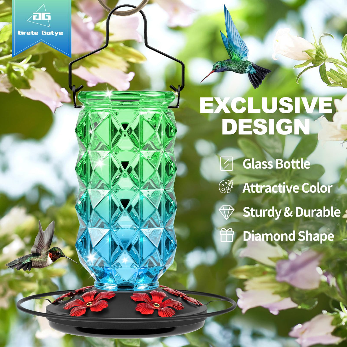 Grete Gotye green glass hummingbird feeder enhances outdoor décor and nectar display