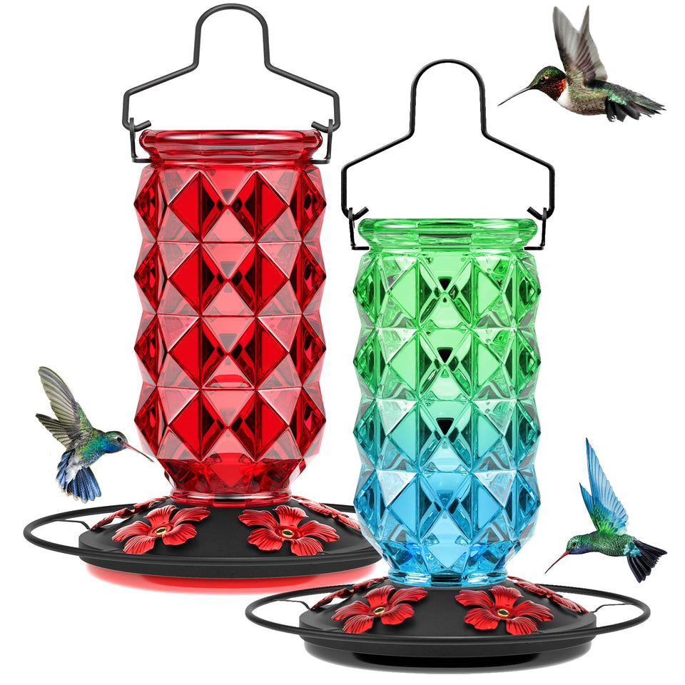 Grete Gotye red glass hummingbird feeder attracts birds with vibrant color