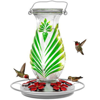 Grete Gotye hummingbird feeder features a glass nectar reservoir with vibrant color for garden charm