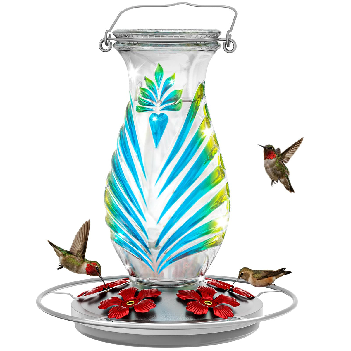 Grete Gotye hummingbird feeder outdoors with sky blue glass invites delightful yard viewing