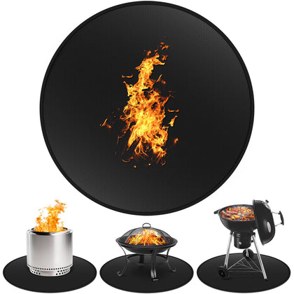 GRIBUDDY 30-inch round fire pit mat on deck protecting surface from sparks.