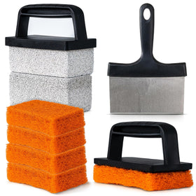 Griddle Buddy stainless steel scraper removing debris after cooking