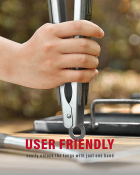 Grilaz locking tongs in action for easy one-handed grilling control