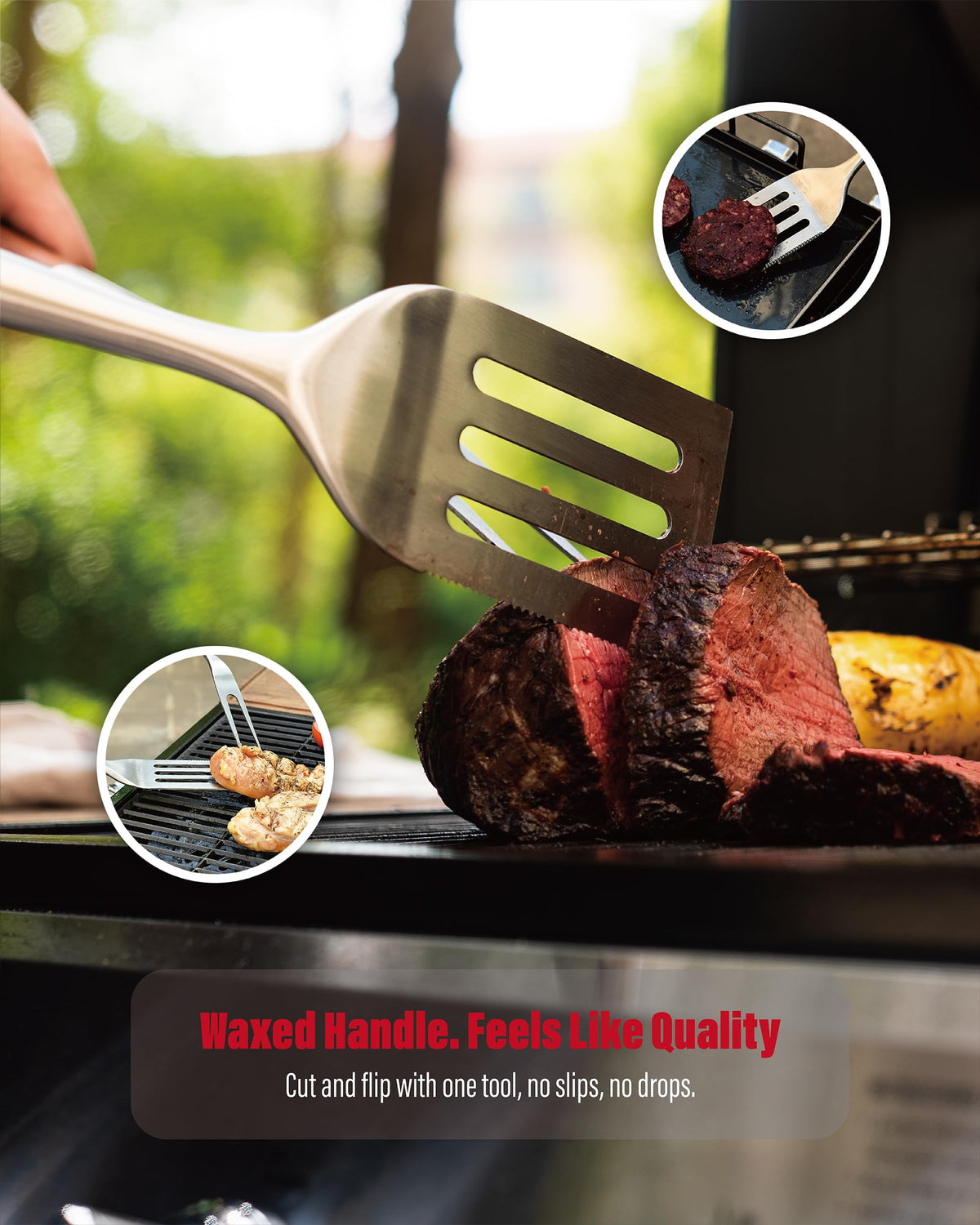 GRILAZ spatula with serrated edge ready for slicing tasks during grilling.