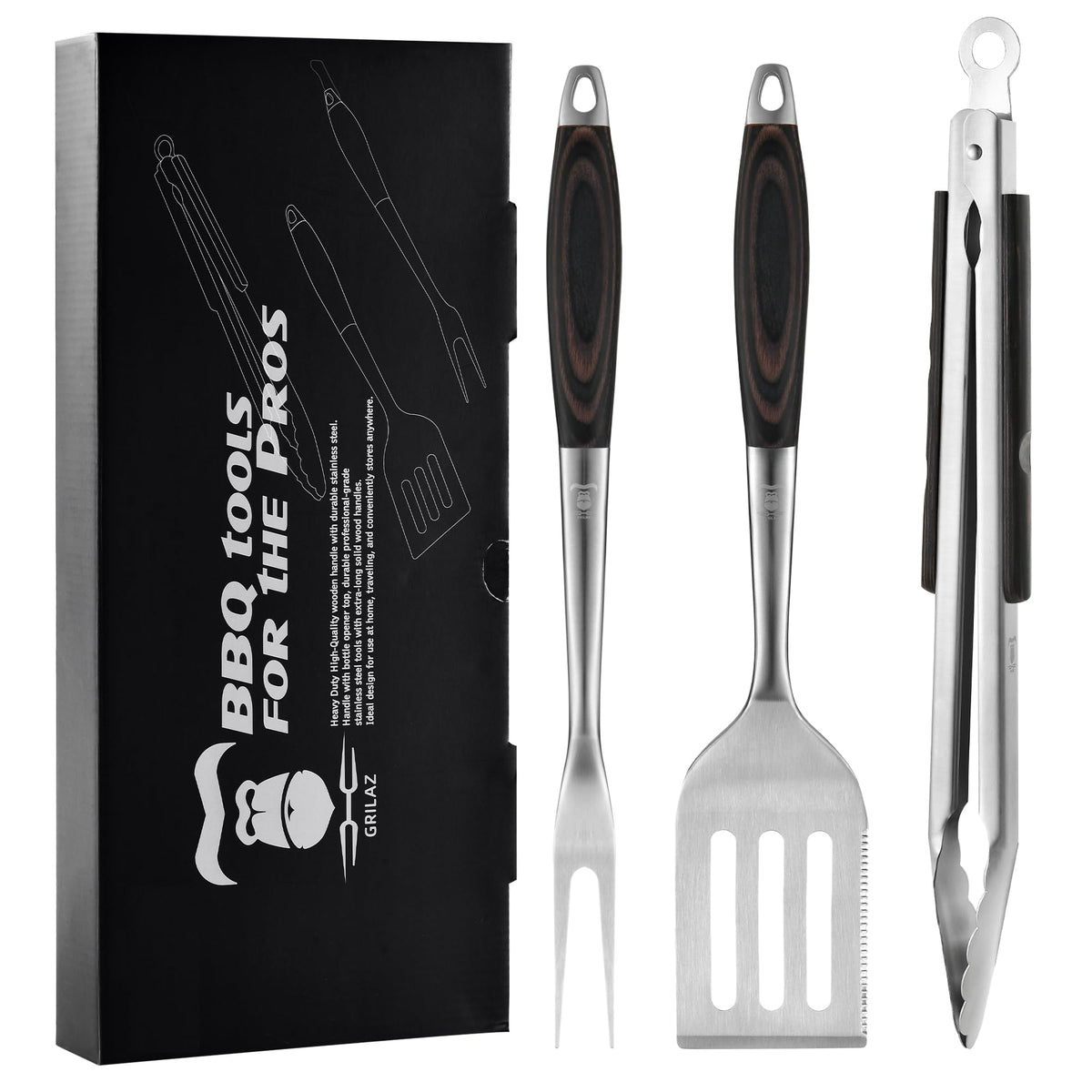 GRILAZ stainless steel BBQ spatula with dark wood handle for precise flipping