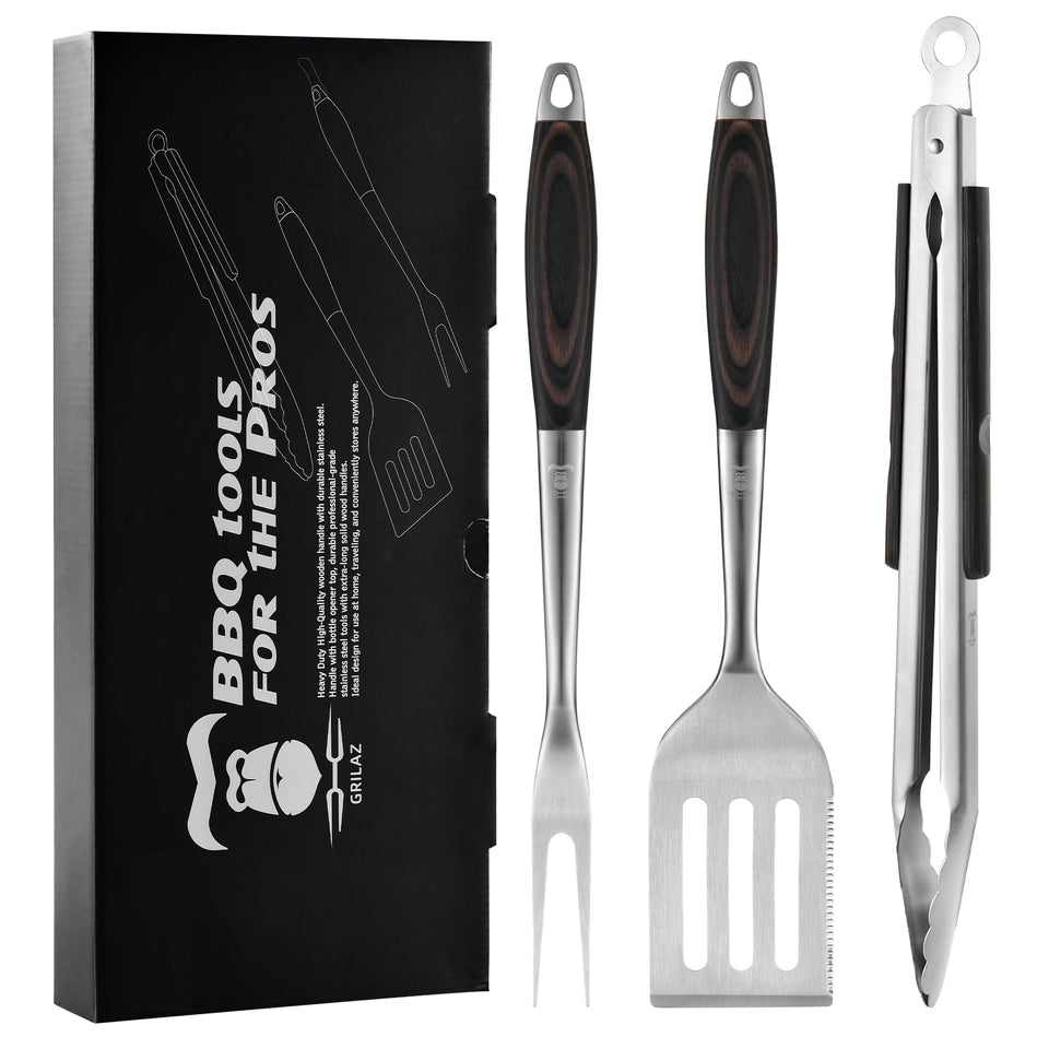 GRILAZ stainless steel BBQ spatula with dark wood handle for precise flipping