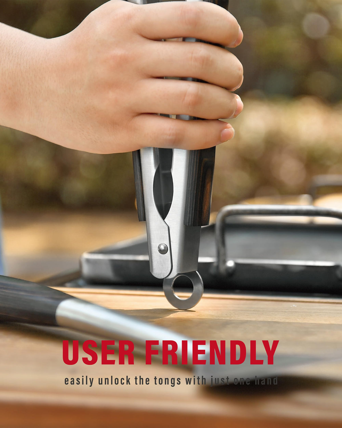 GRILAZ stainless steel BBQ tongs with lockable mechanism for easy storage