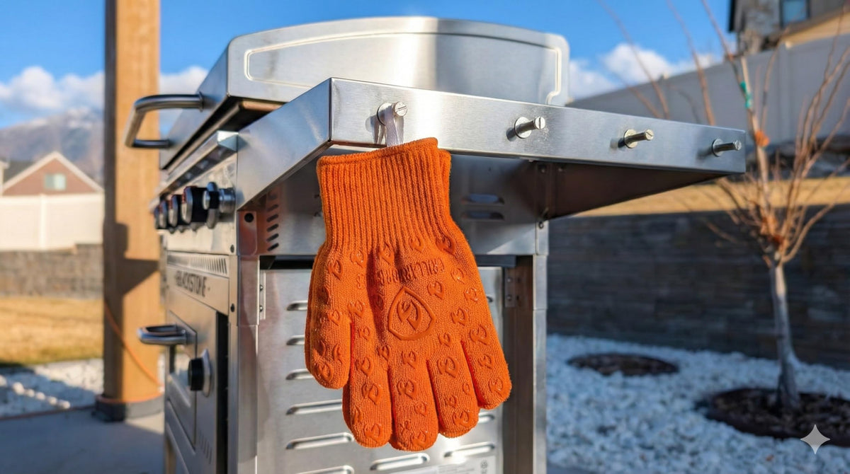 Grill Armor Gloves used with grill tools for safe turning and lifting